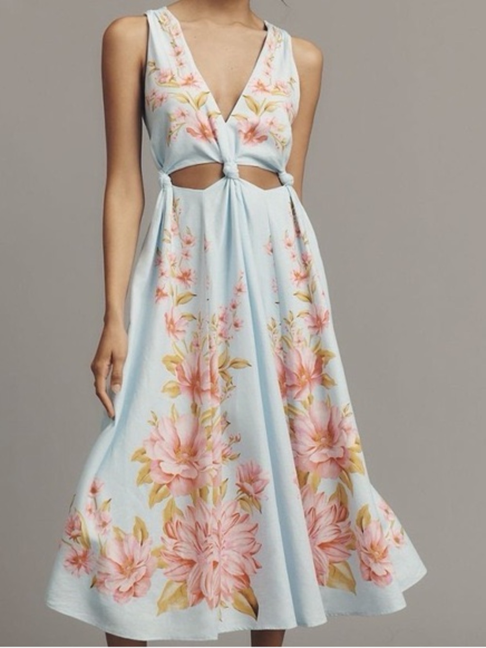 Anthropologie Light Blue Midi Dress with Pink Floral Print (Farm Rio)